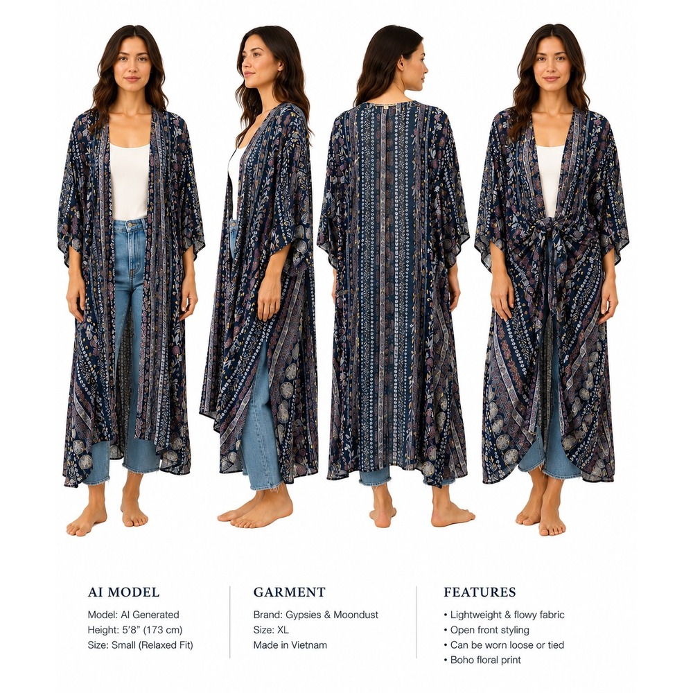 Gypsies & Moondust Navy Boho Floral Longline Kimono Duster Metallic XL Beachwear